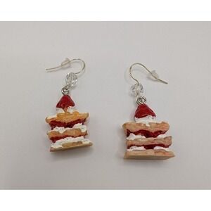 Strawberry Shortcake 3D Dangle Hook Earrings Red Beige Clear Bead NWOT